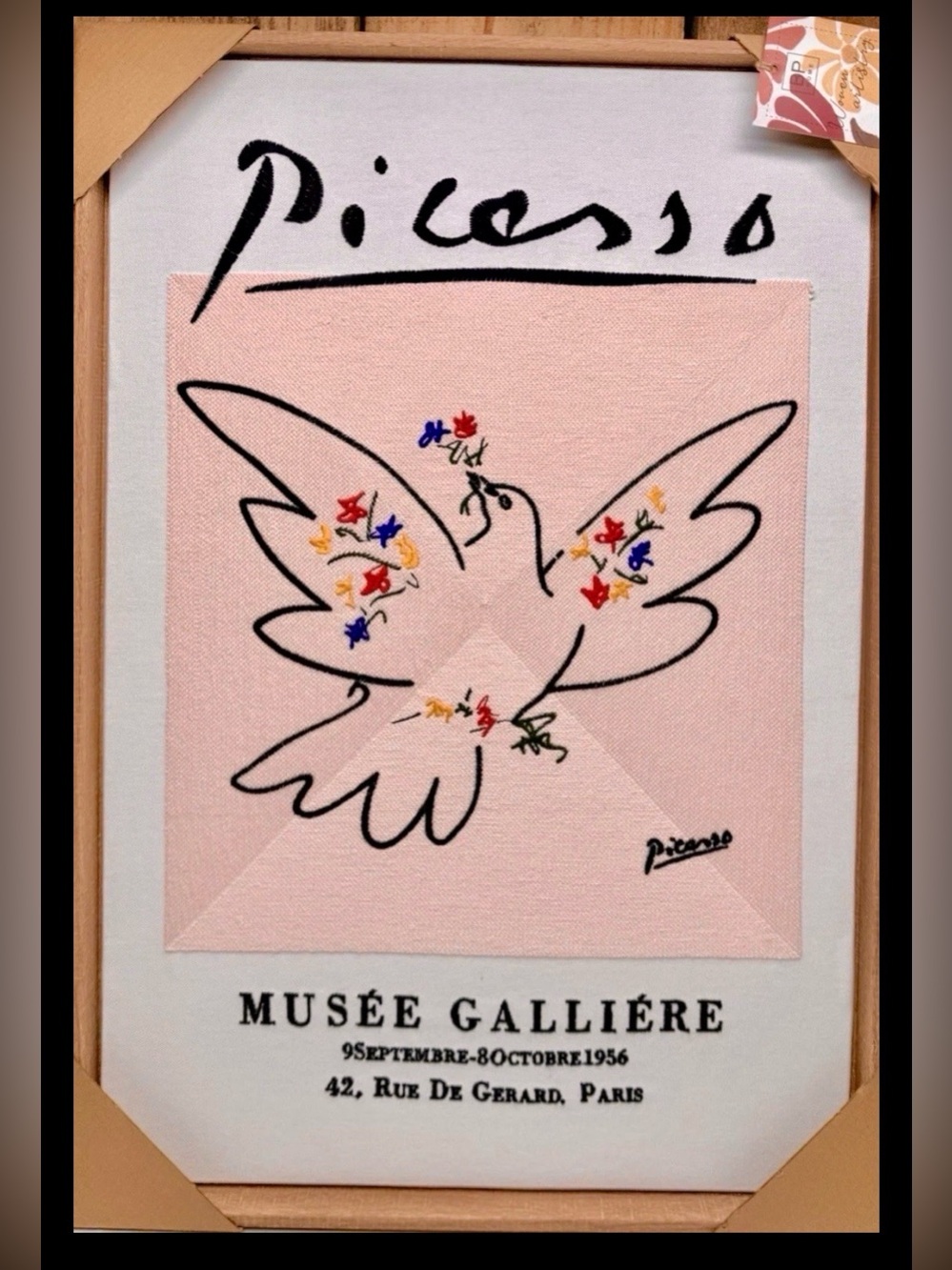NEW BP Home Dove PICASSO Wall Textile Art Woven. Musee Galliere Wood frame.